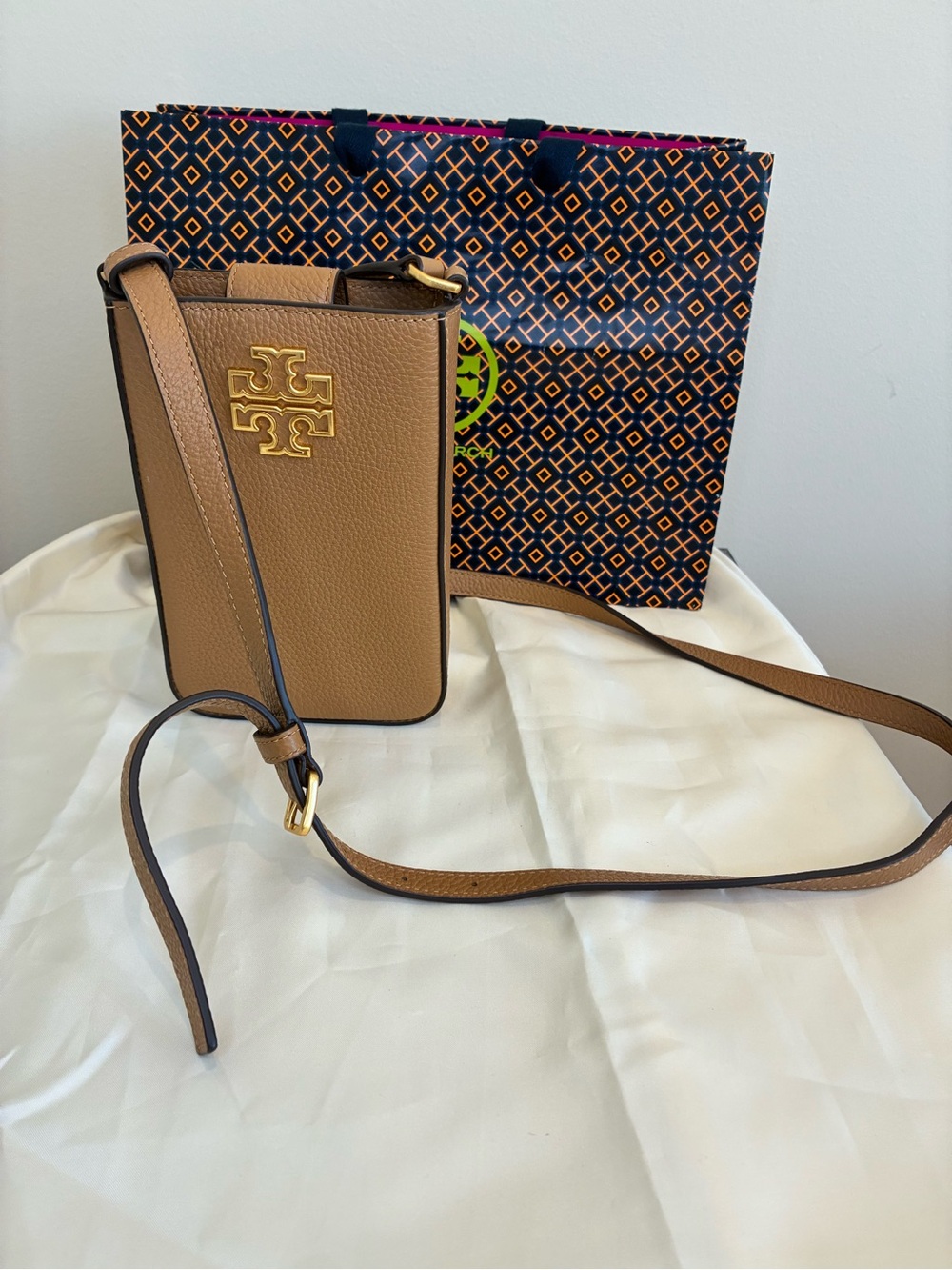 Tory Burch Tan Britten Phone Pebbled Leather Crossbody